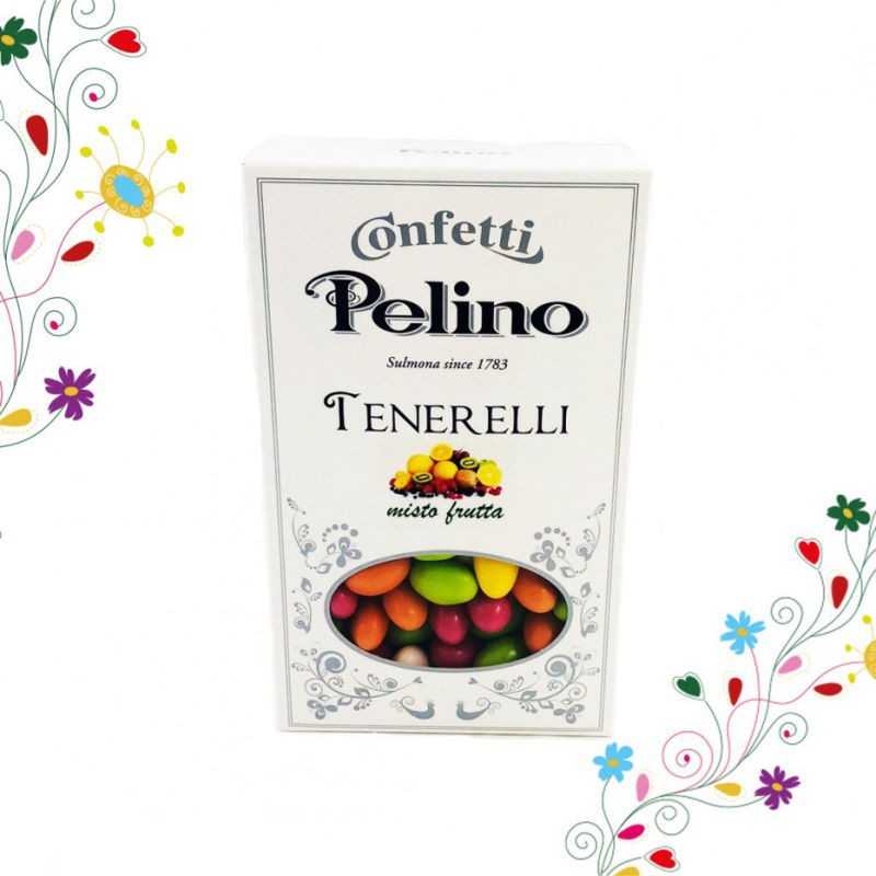 Confetti tenerelli ai frutti assortiti Pelino in scatola da 500 g.